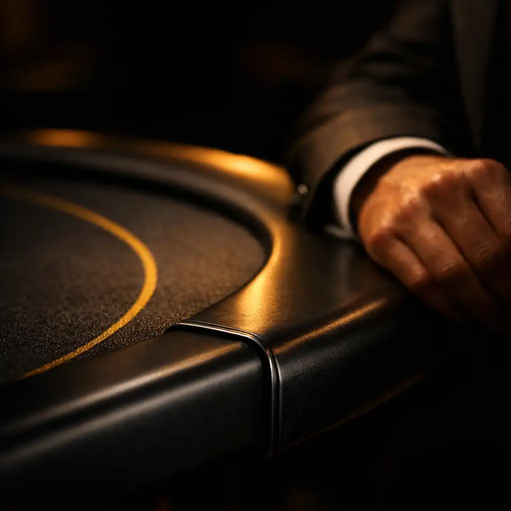 Sötét fémél és sárga jelzővonal részlete egy prémium blackjack-asztal közelében.