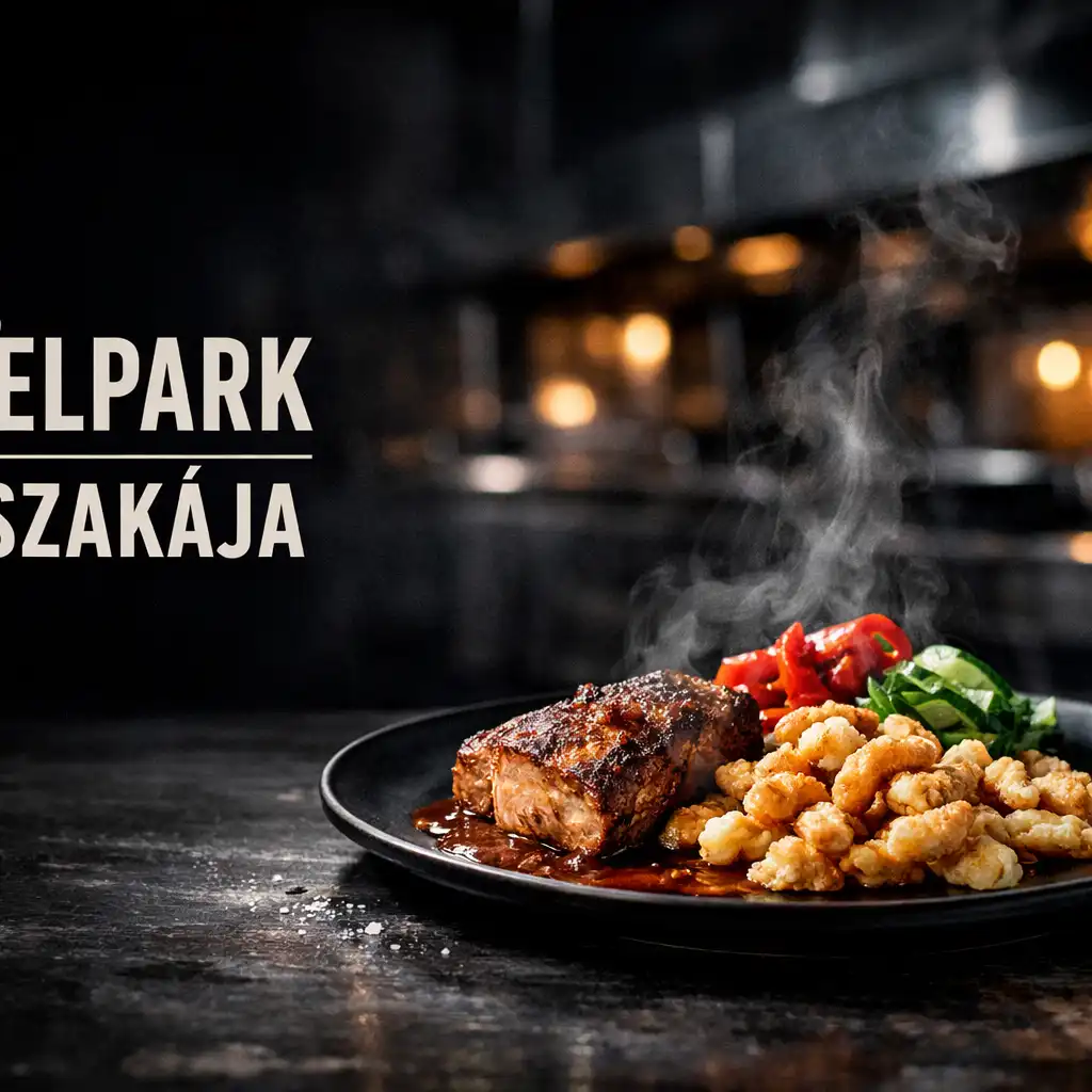 Gőzölgő, sötét tányéron tálalt éttermi fogás az Ételpark esti hangulatában